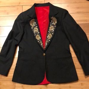 Custom made blazer with gold and bead detail.